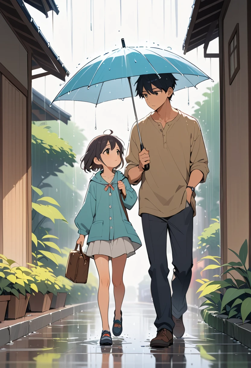 Father And Young Daughter Walking Home In Gentle Rain