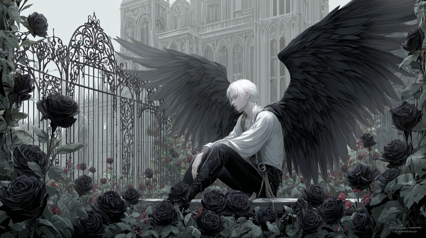 White haired angel with black wings in a rose garden
