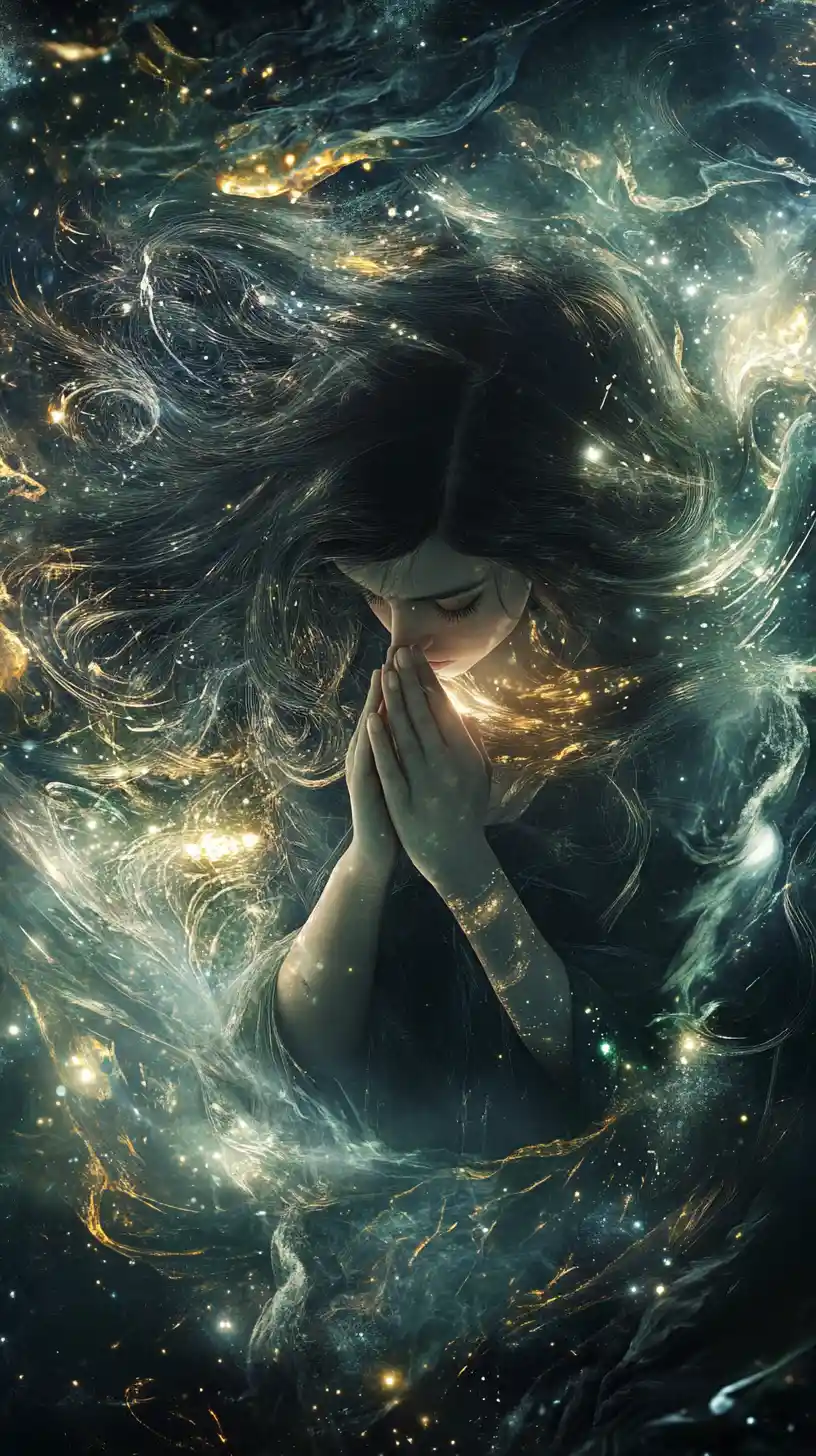 Celestial goddess in swirling cosmic stardust vortex