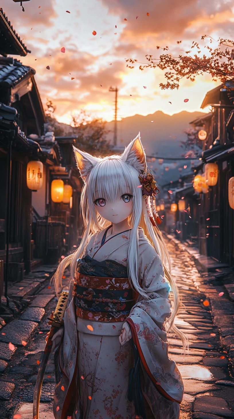 Cat girl in tattered kimono on ancient Japanese street