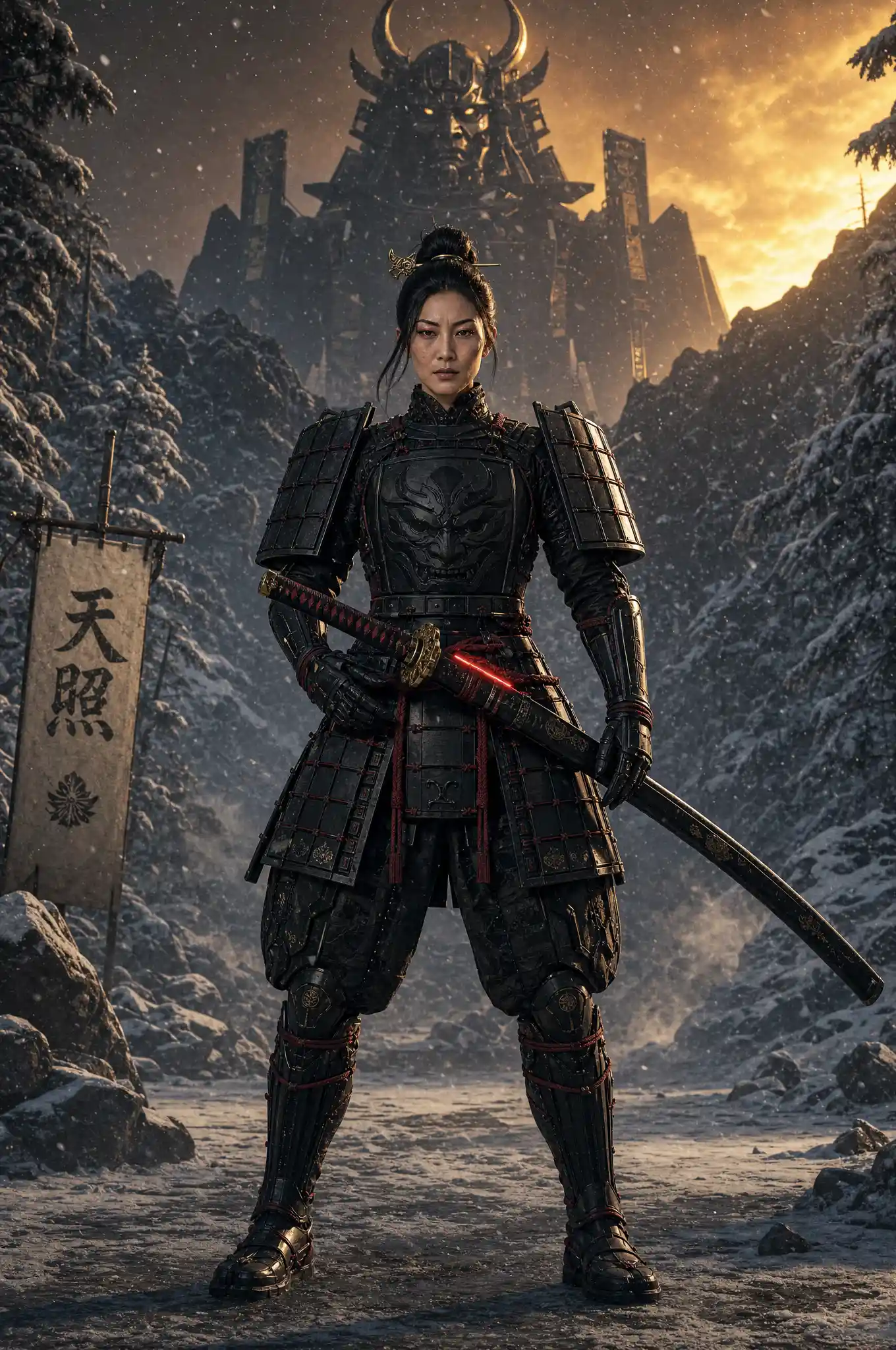 Samurai mecha warrior standing poised in snowy mountain pass