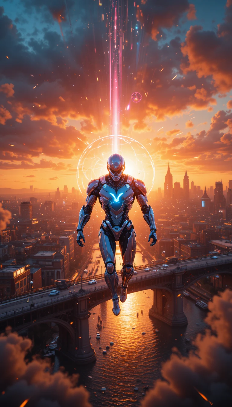 Futuristic robot warrior flying above a glowing bridge