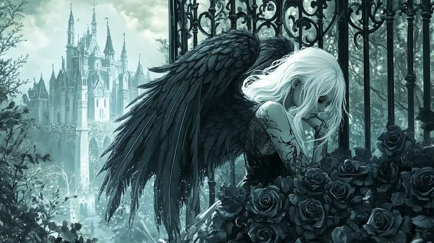 Punk angel resting among black roses before a castle