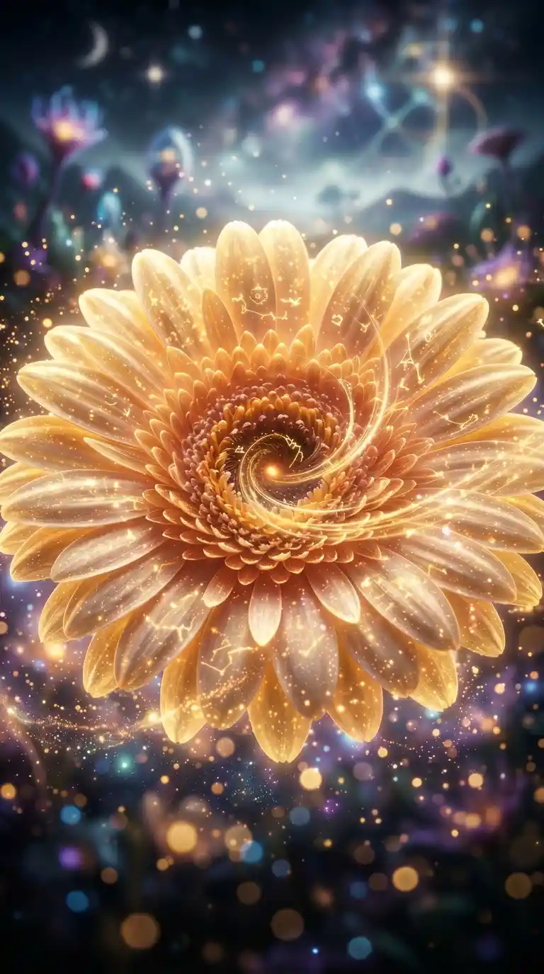 Glowing Golden Gerbera Floating In A Dark Fantasy Room