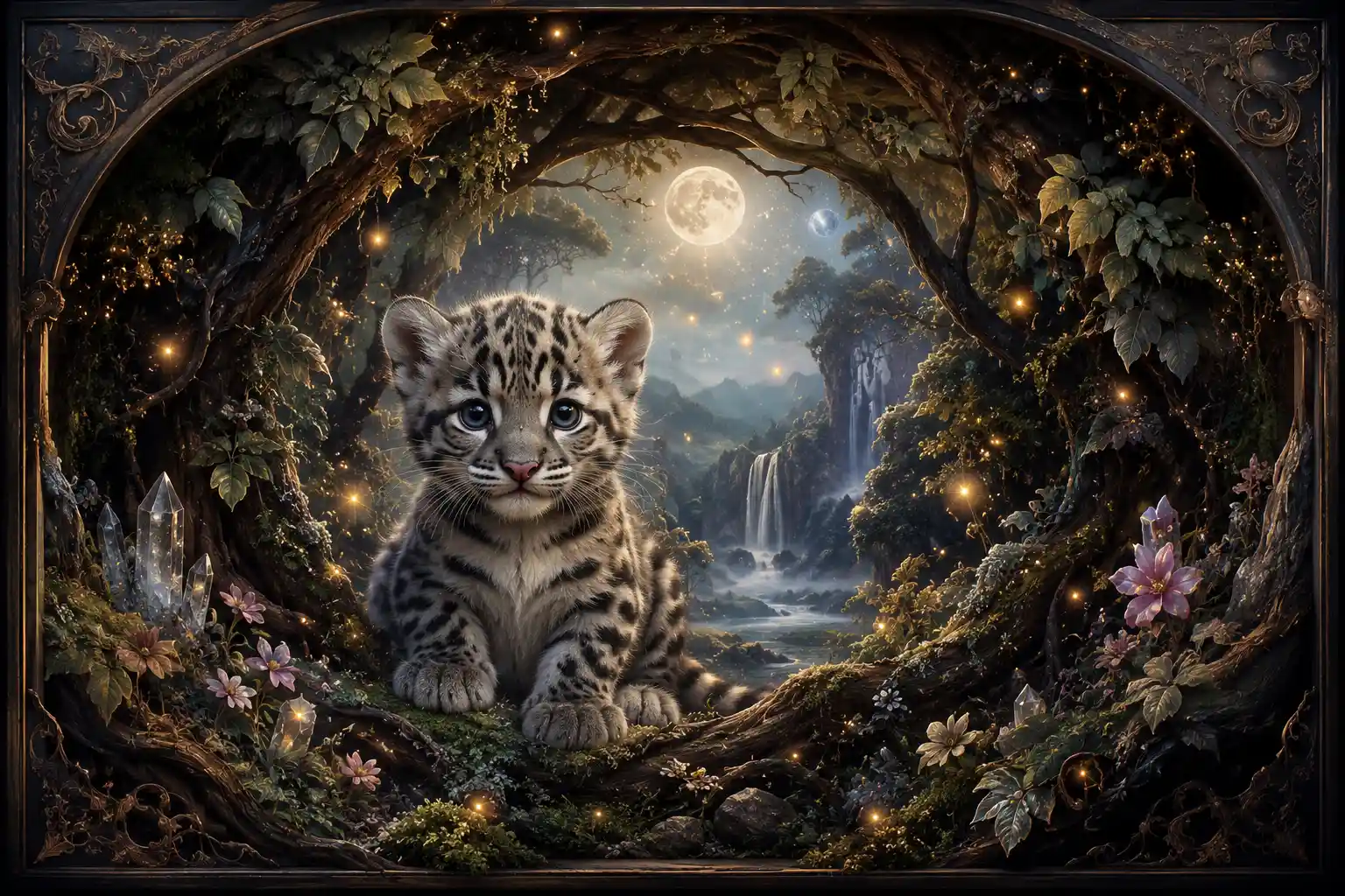 Baby clouded leopard in a misty forest shadowbox scene