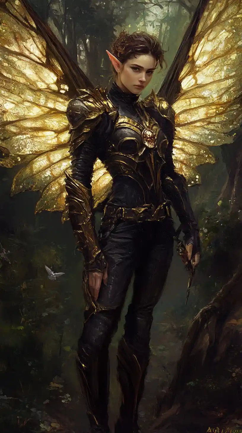 Warrior fairy in dark armor holding a glowing talisman
