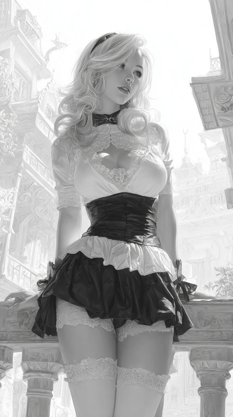 Young woman on victorian balcony in black and white