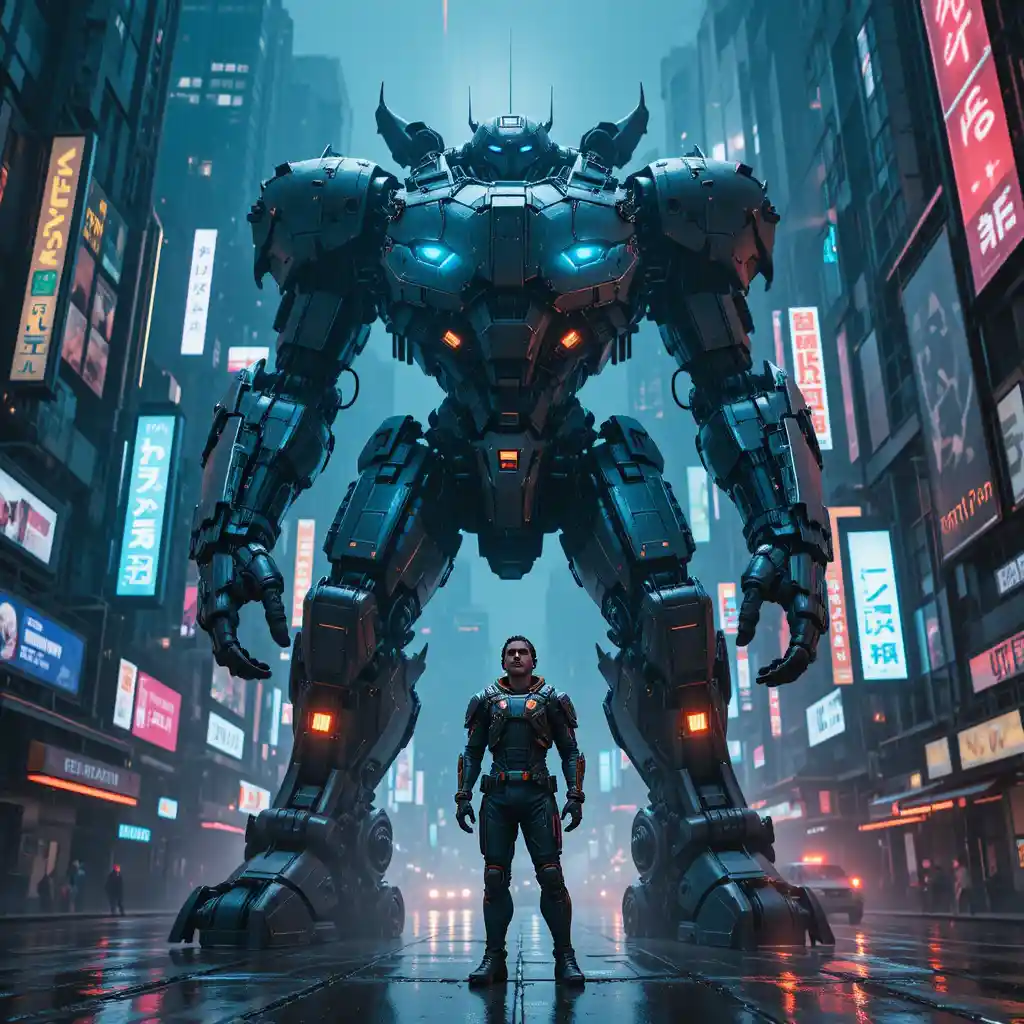 Giant mecha titan in a rainy neon futuristic city