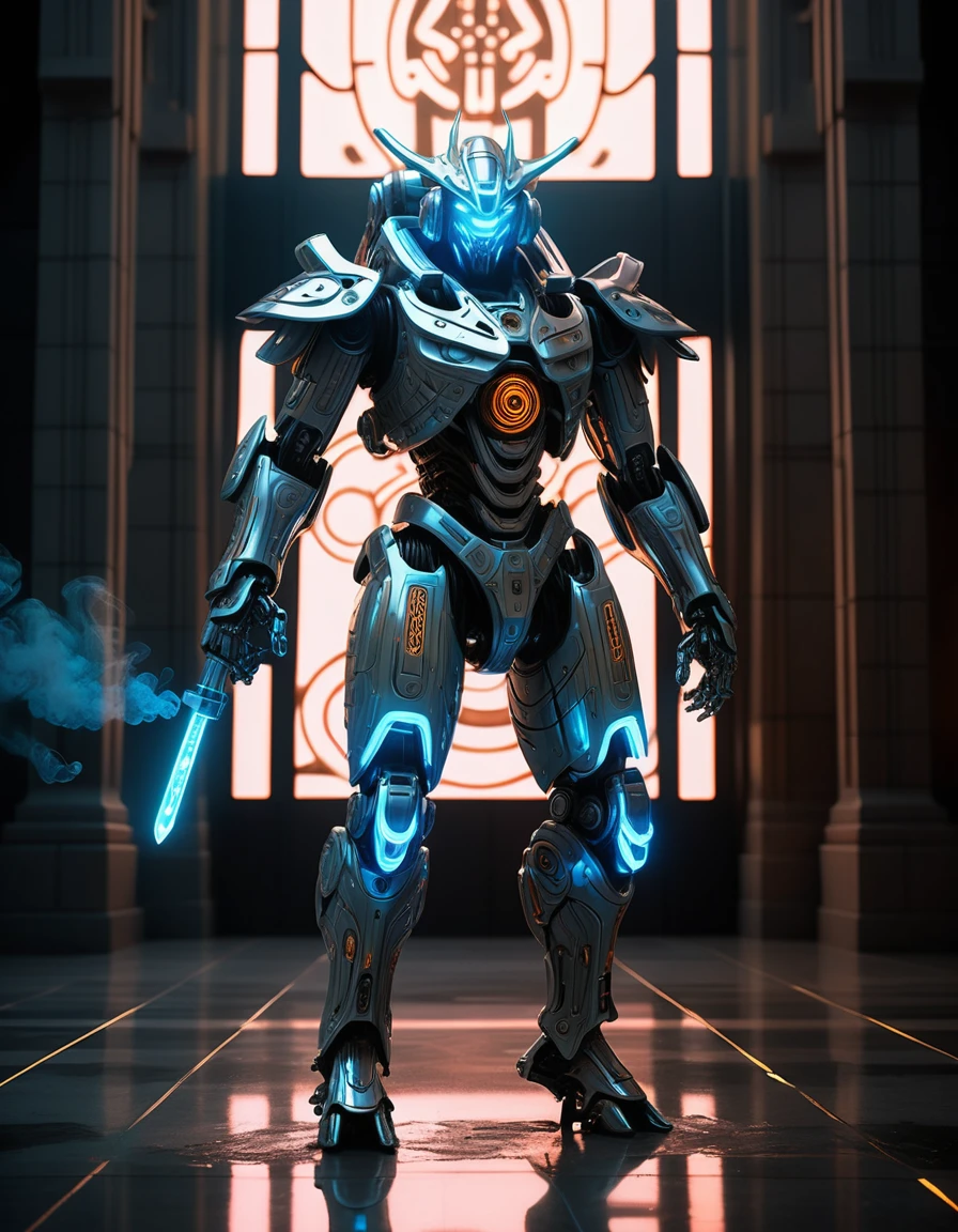 Biomechanical guardian rising in a neon industrial forge