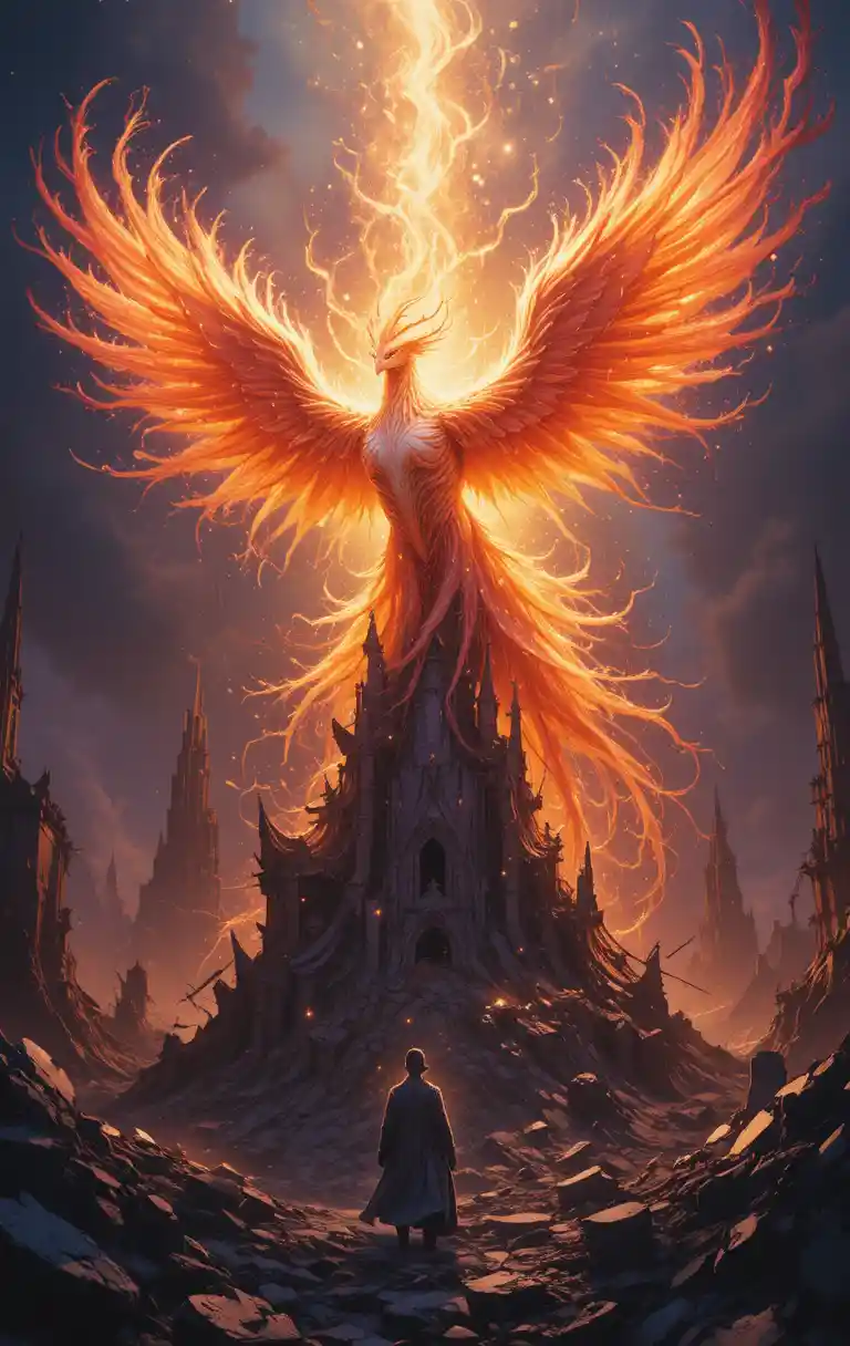 Phoenix Of Fire Rising Above A Shattered Obsidian City