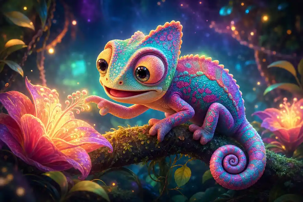 Cute baby chameleon changing colors among glowing jungle flowers