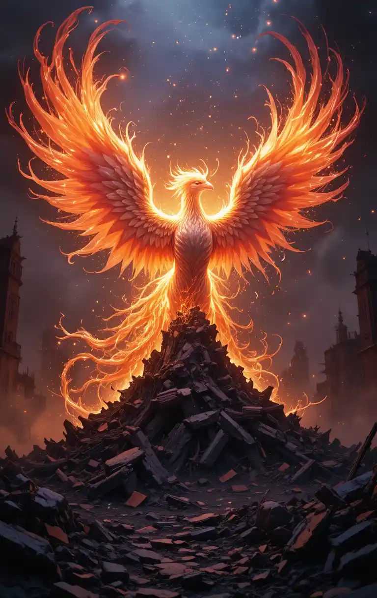 Fiery phoenix rising over a shattered obsidian fantasy city