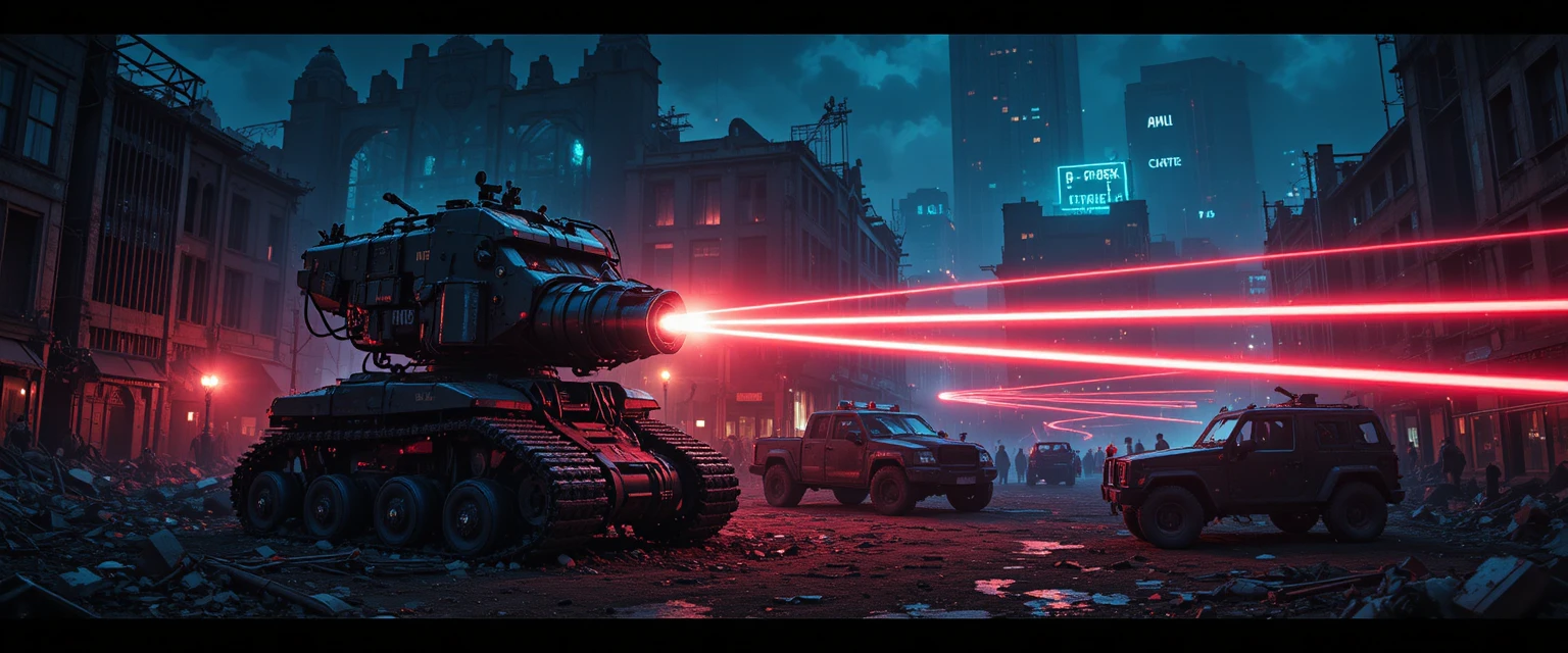 Giant metal war machine firing lasers in ruined city streets