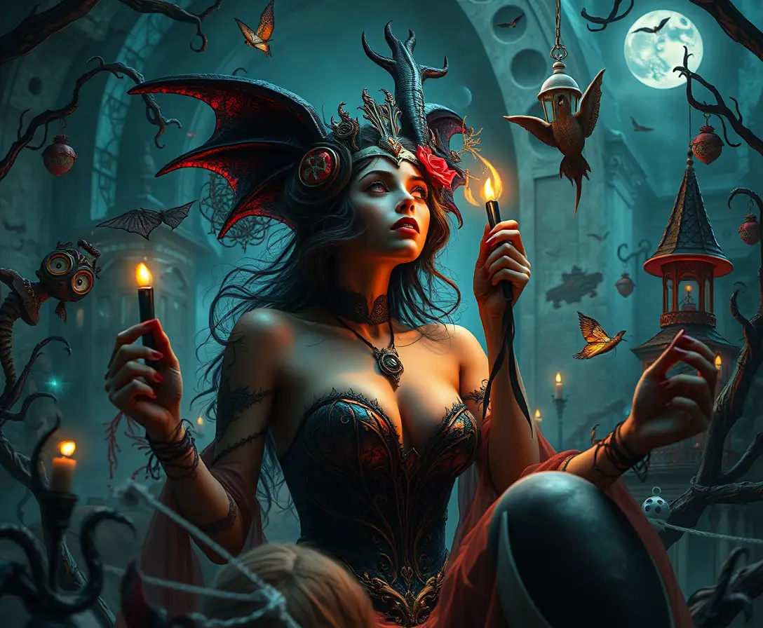 Surreal woman celebrating victory in dreamlike horror scene