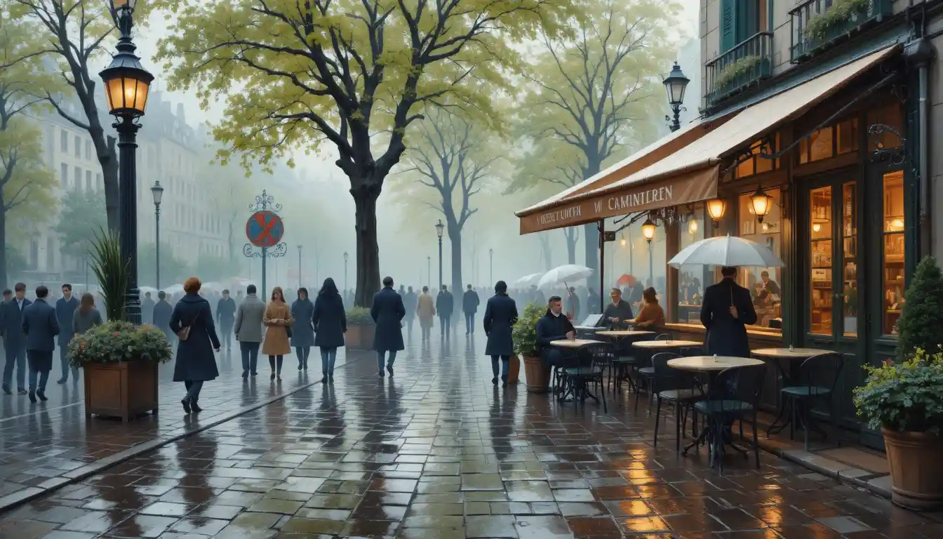 Impressionist Parisian cafe on a rainy cobblestone street