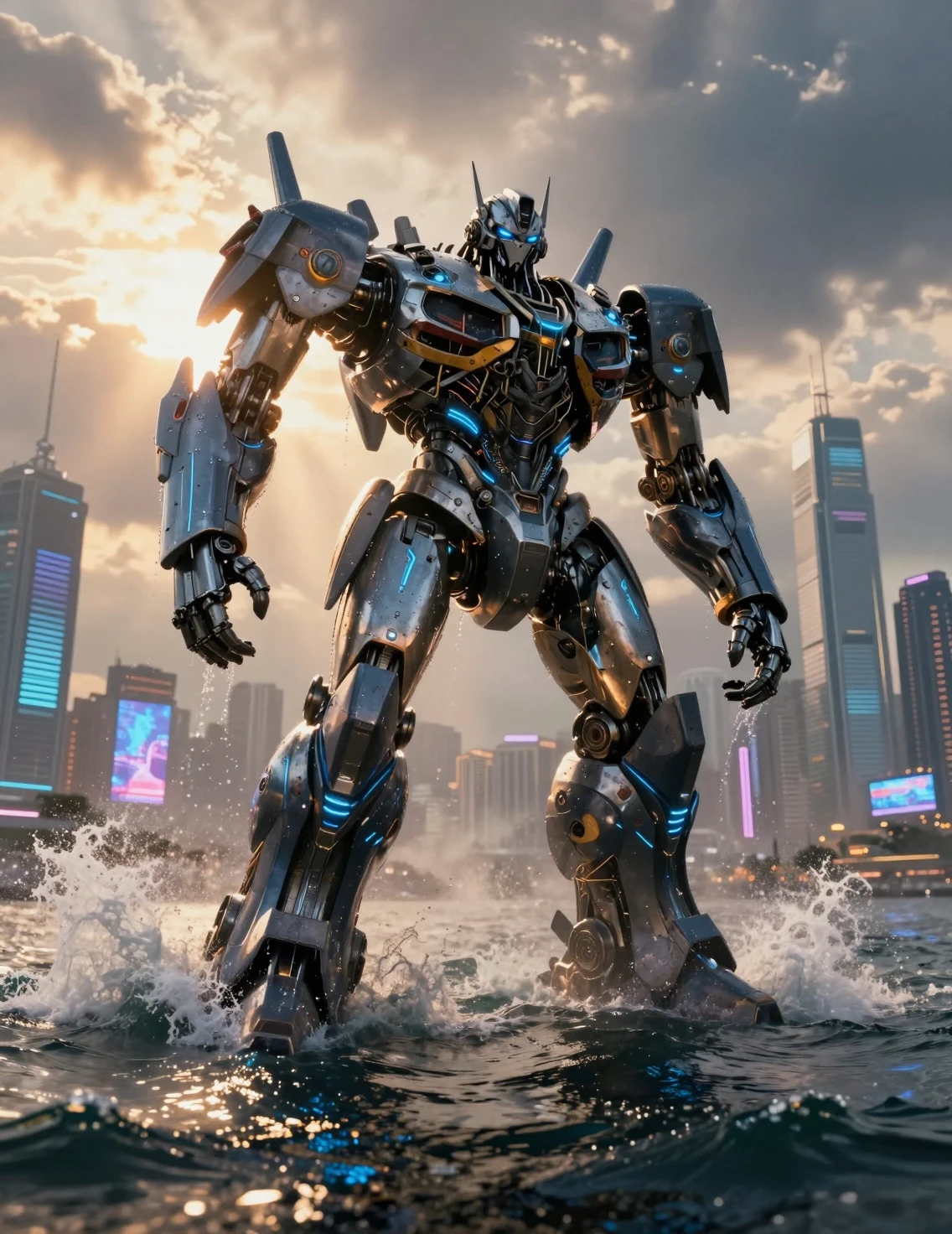 Giant cyber robot strides through stormy ocean beside megacity