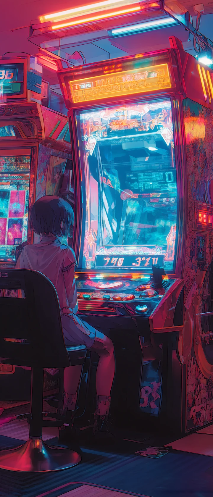 Oracolo anime solitario dentro di una macchina tarot al neon brillante