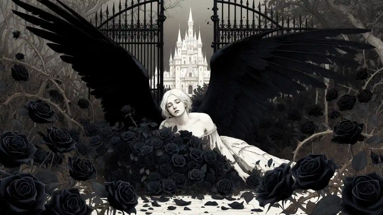 Pale punk angel resting among black roses in a garden