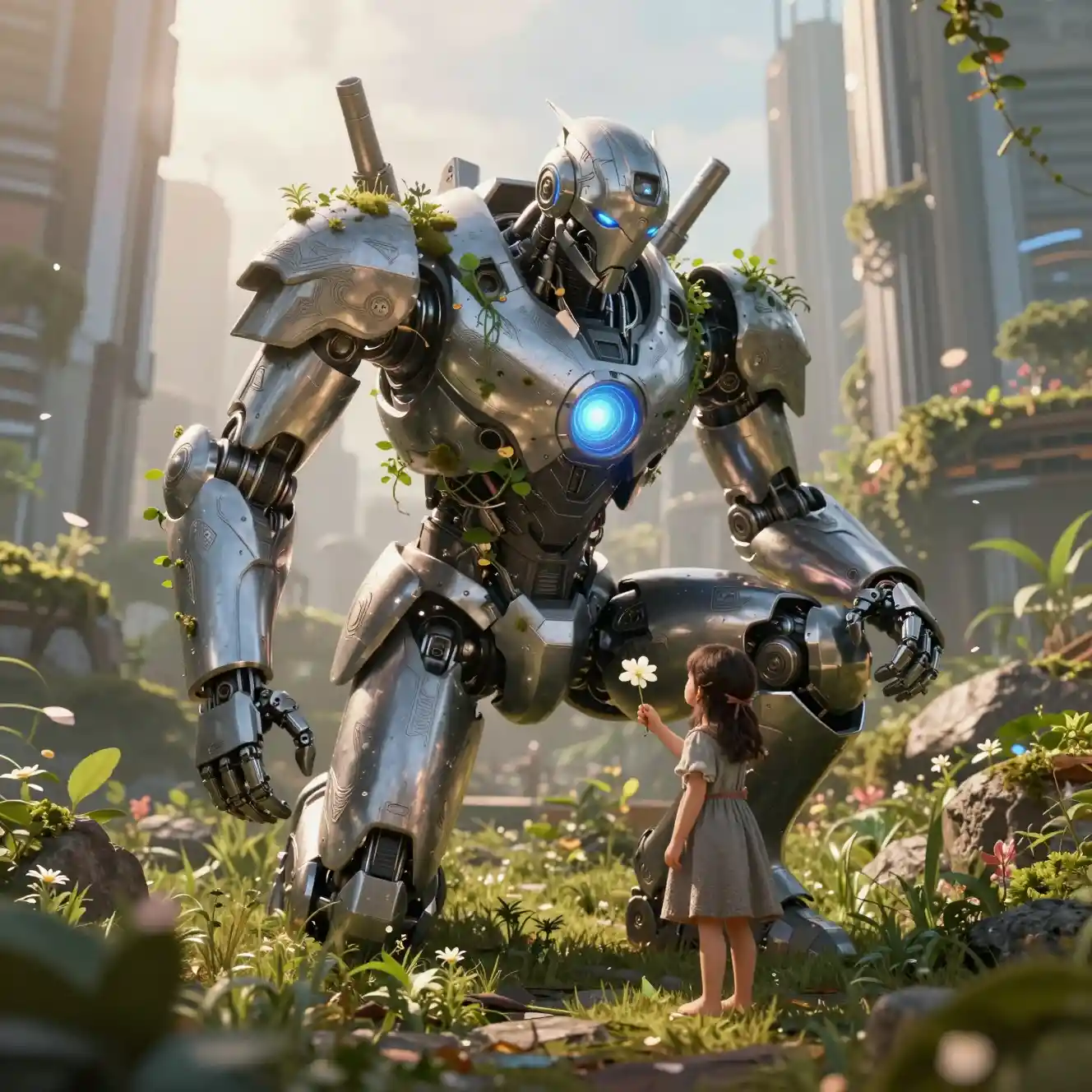 Robot gigante se arrodilla ante una niña descalza en ruinas del bosque