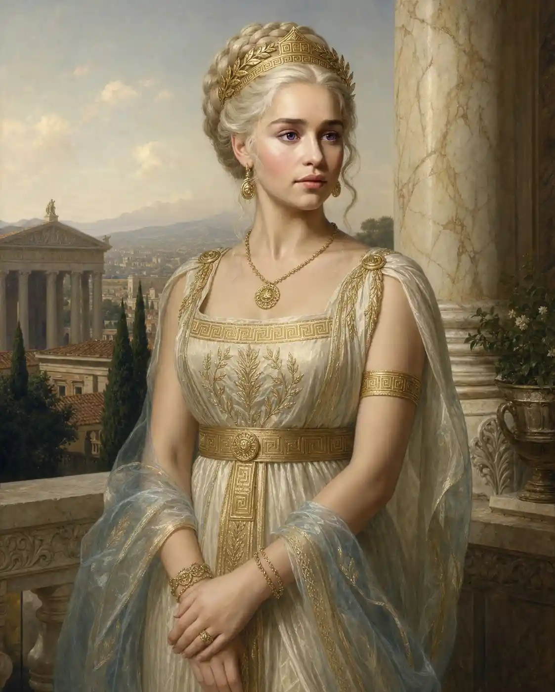 Elegant Roman woman on a villa terrace in soft light