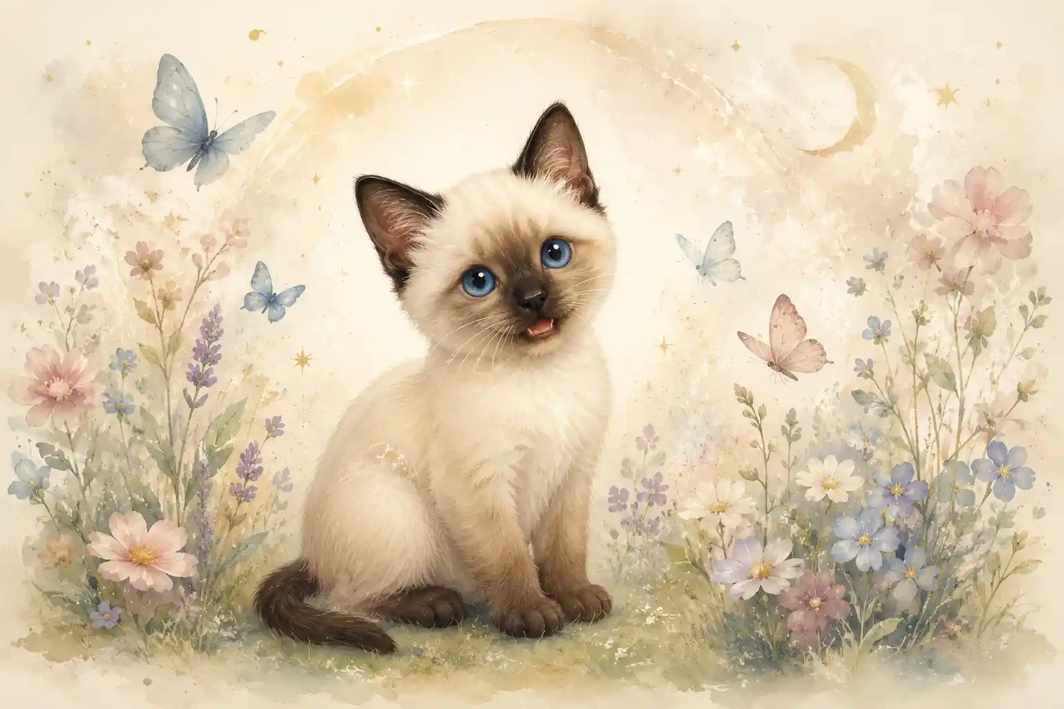 Sweet baby Siamese kitten in pastel flower meadow