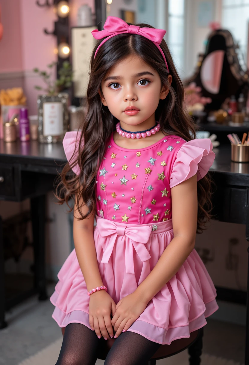 Latino tween in pink star dress at bedroom vanity