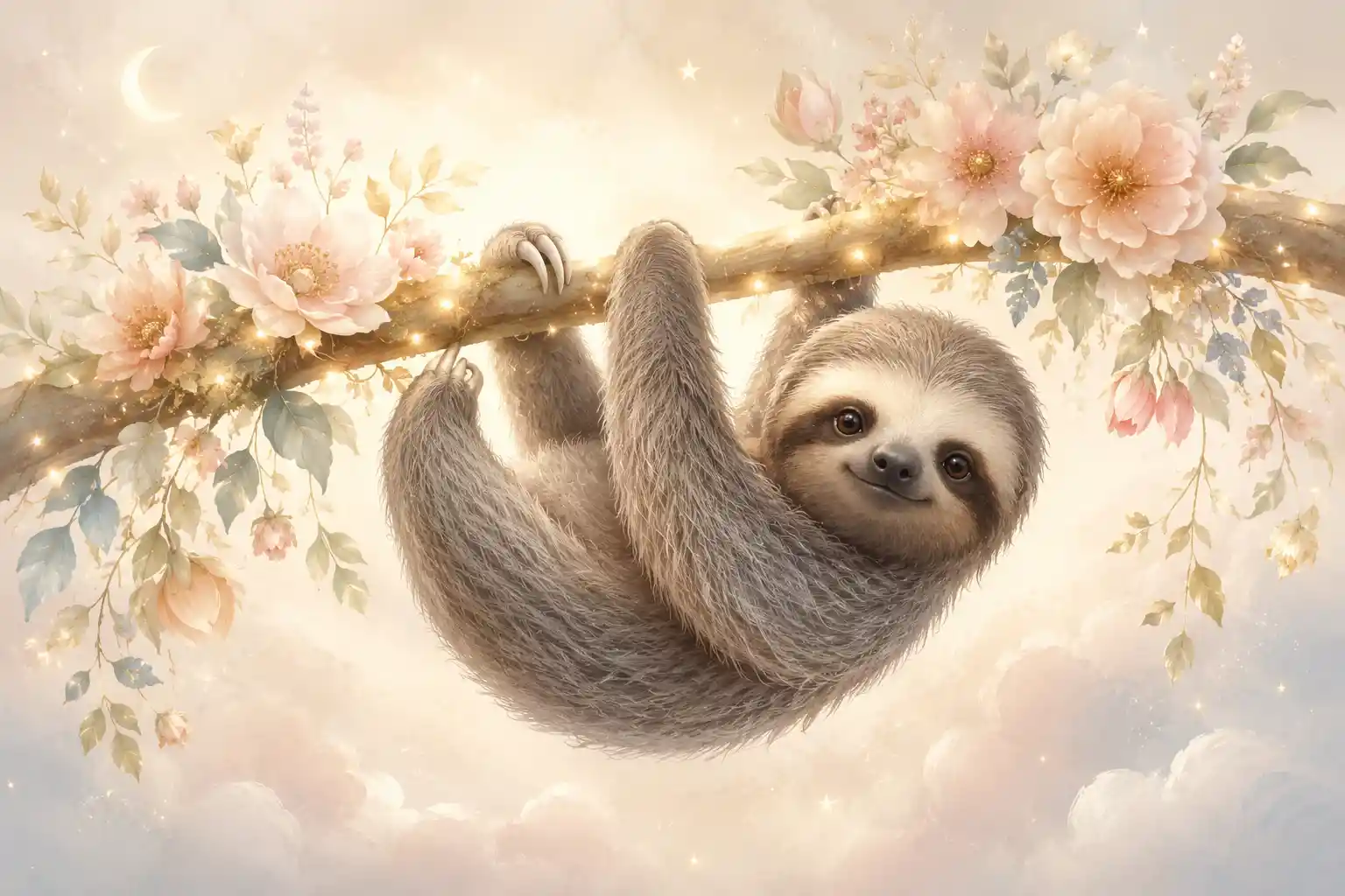 Ilustración de tierno perezoso bebé en rama floral brillante para habitación infantil