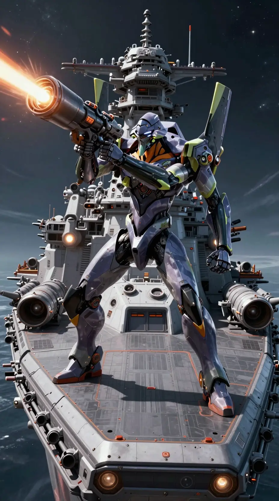 Cyberpunk combat robot aiming particle cannon in space