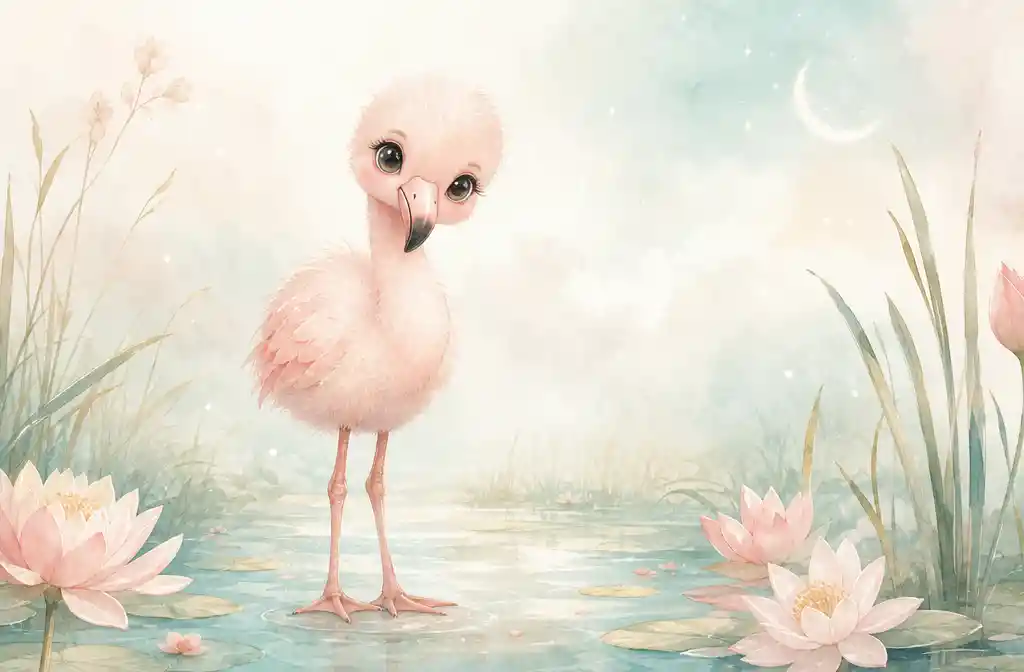 Baby flamingo nursery illustration in dreamy wetland scene