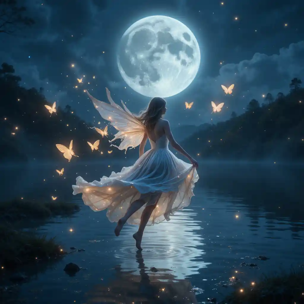 Moon fairy flying over a glowing magical lake at night