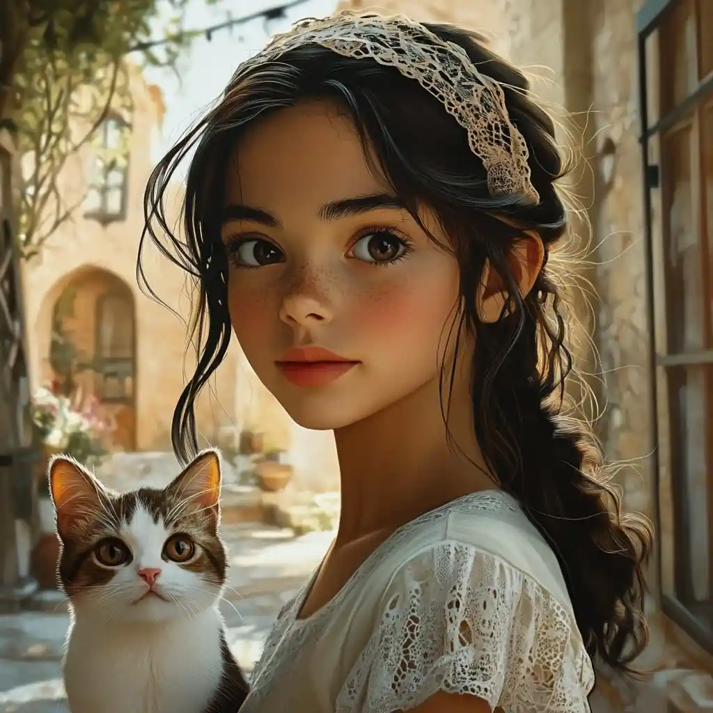 Young girl with cat on a warm house patio