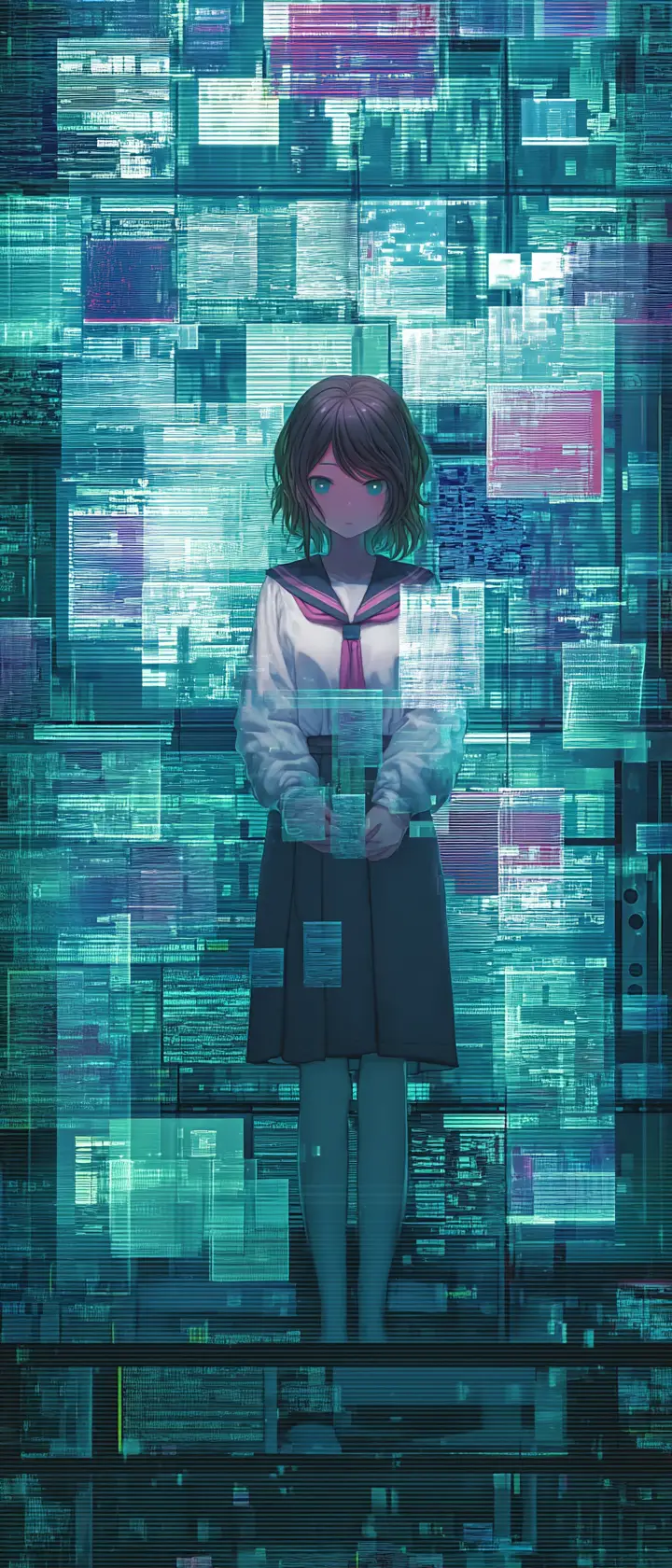 Anime-Geist berührt leuchtende Speicher-Icons im digitalen Nichts