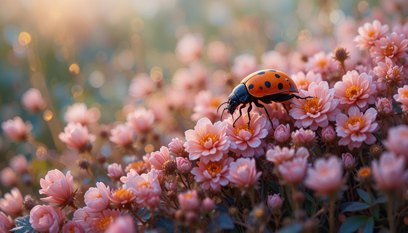 Morning dew grass with a ladybug drinking droplets