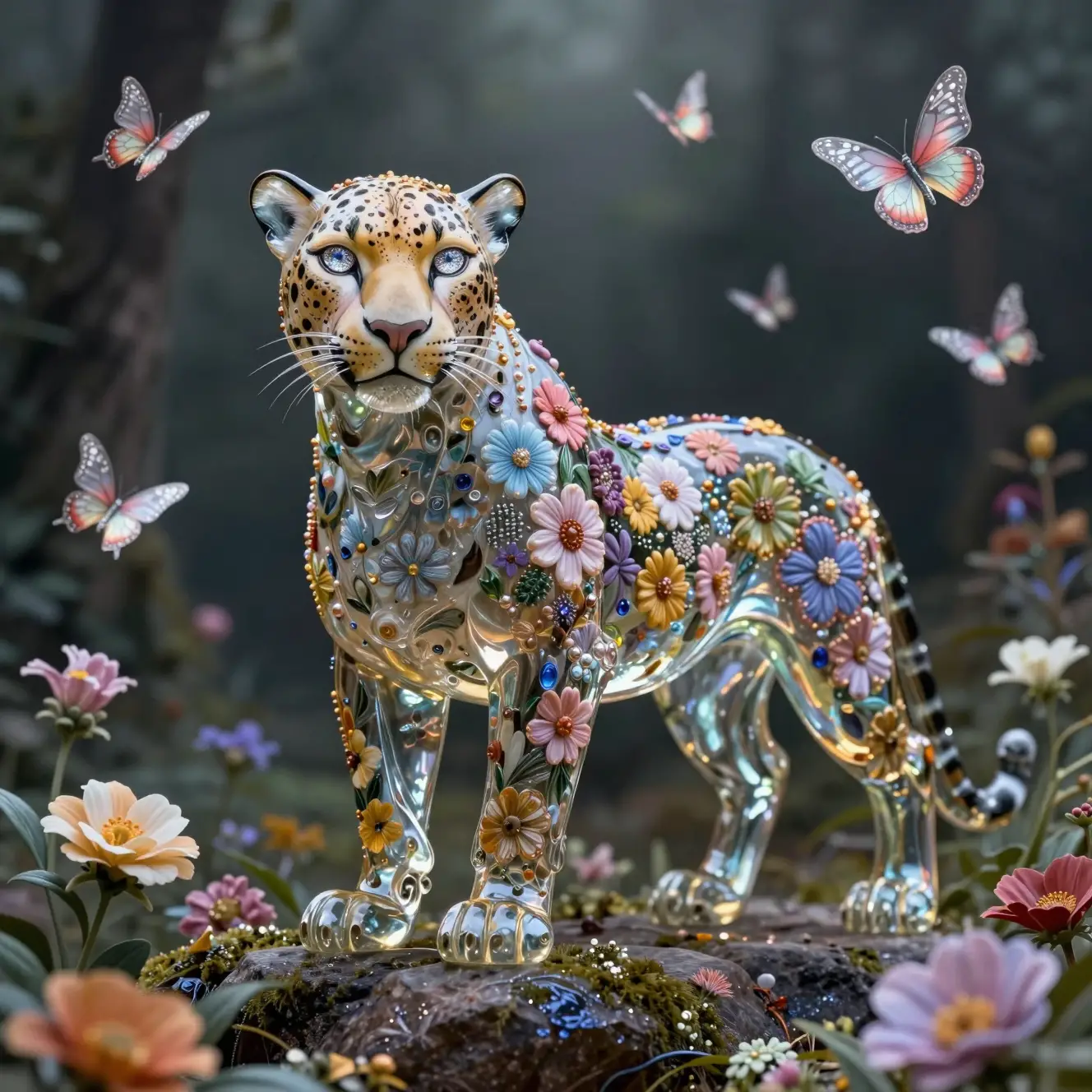 Pastel glass leopard figurine on a rock in a garden