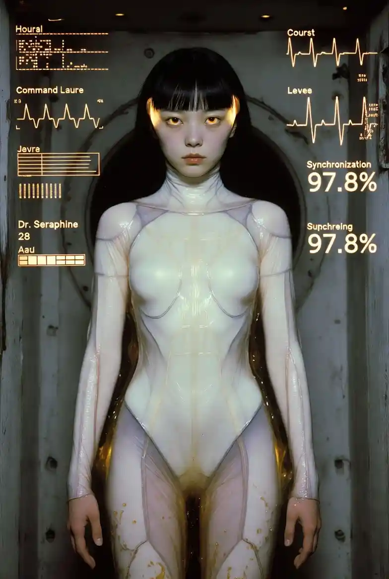 Cyborg pilot stands in amber lit entry plug chamber