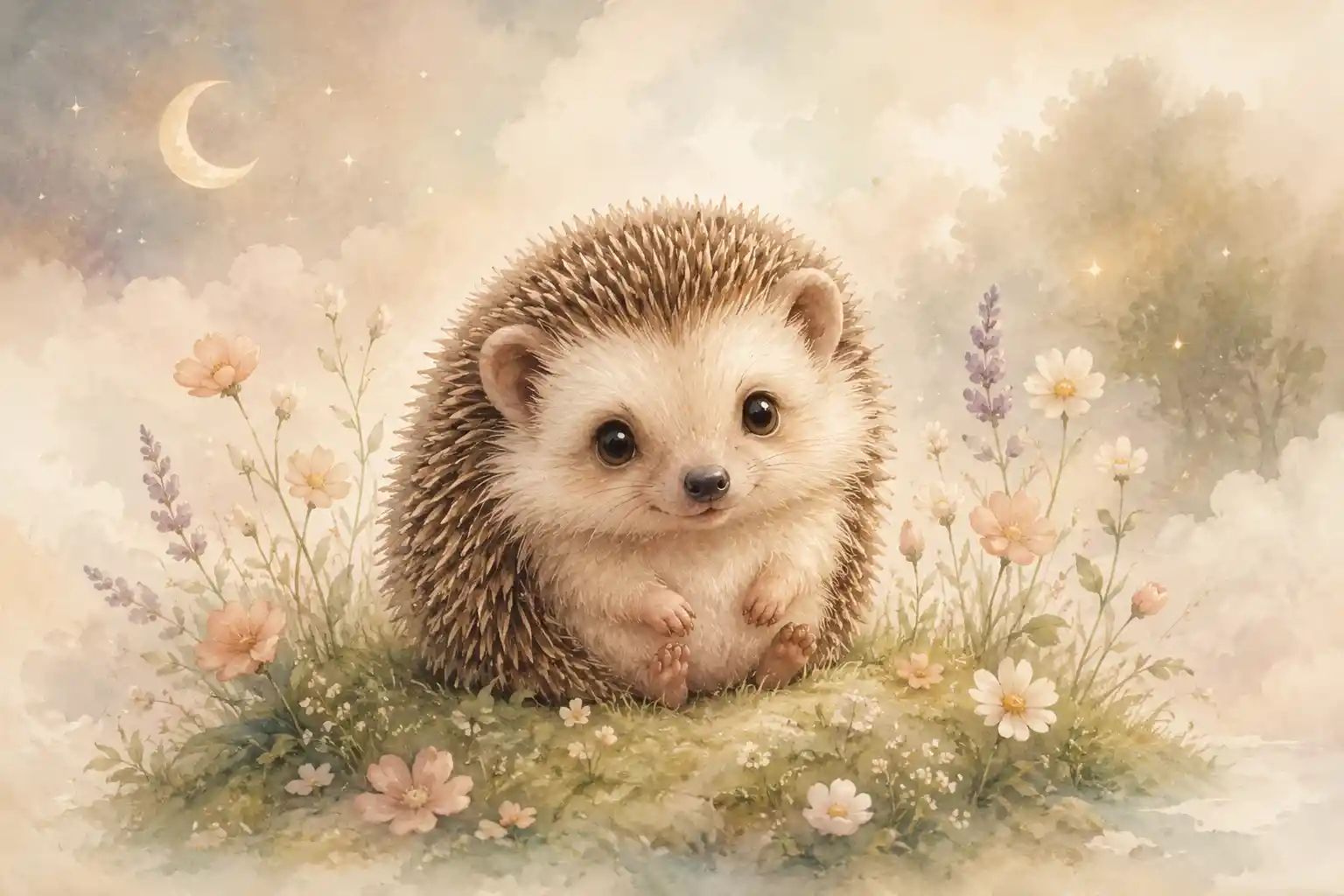 Cute baby hedgehog sitting in a soft floral meadow