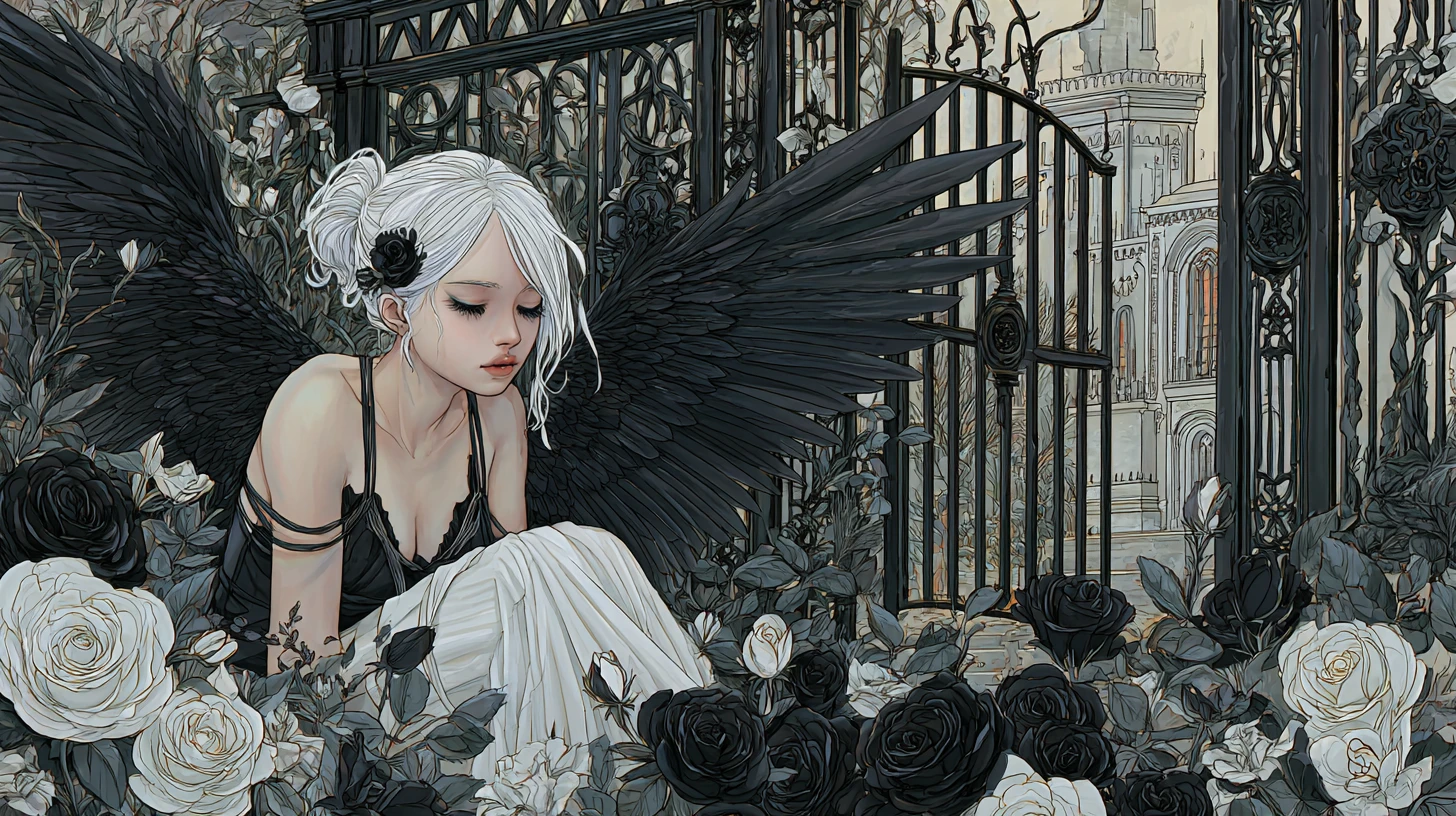Ángel punk descansando entre rosas negras en un jardín oscuro