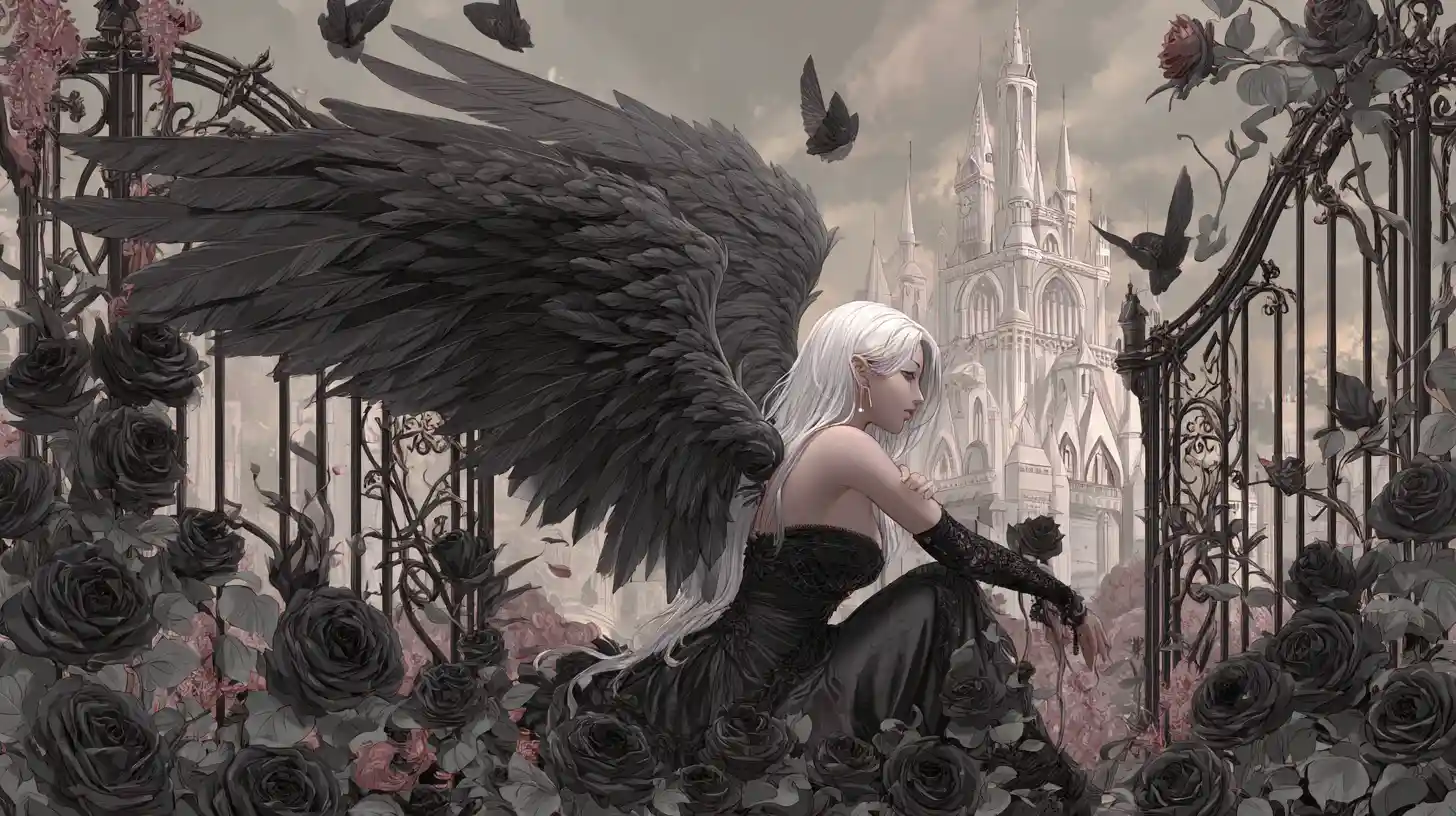 Punk angel resting among black roses by an iron gate