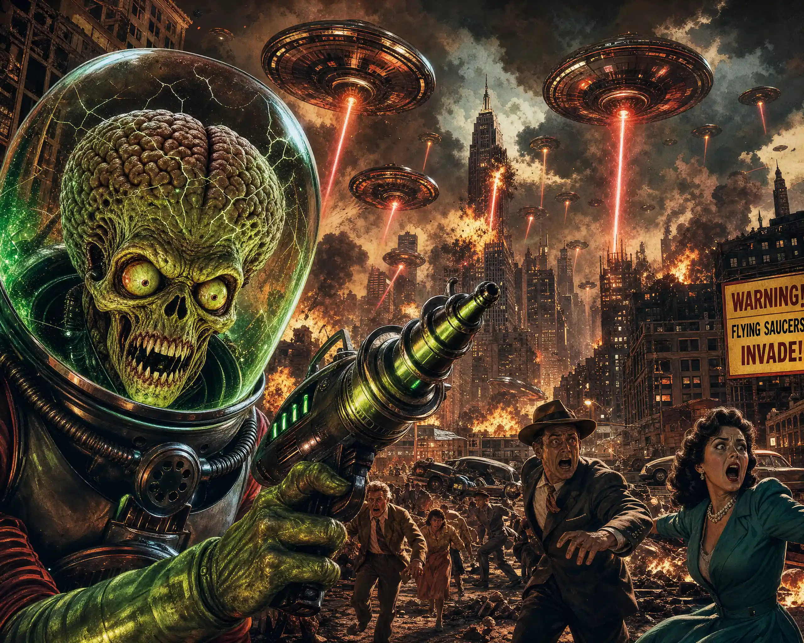 Menacing alien towers over chaotic retro city invasion