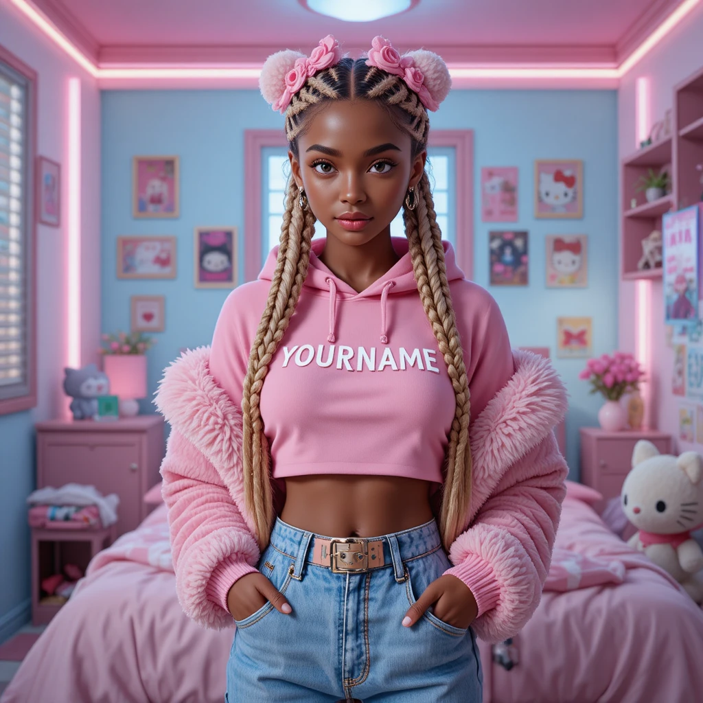 3D girl in pink y2k bedroom with hello kitty decor