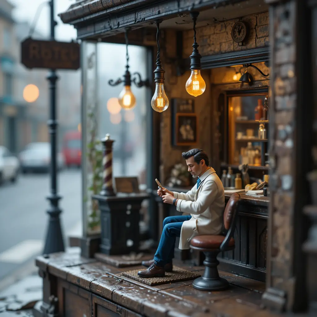 Miniature barber shop diorama lit by a single warm bulb