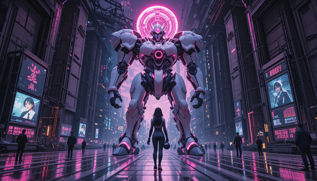 Colossal sakura mecha awakens in cyberpunk city hangar