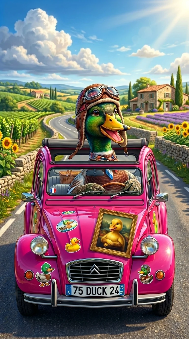 Joyful duck driving pink convertible on country road