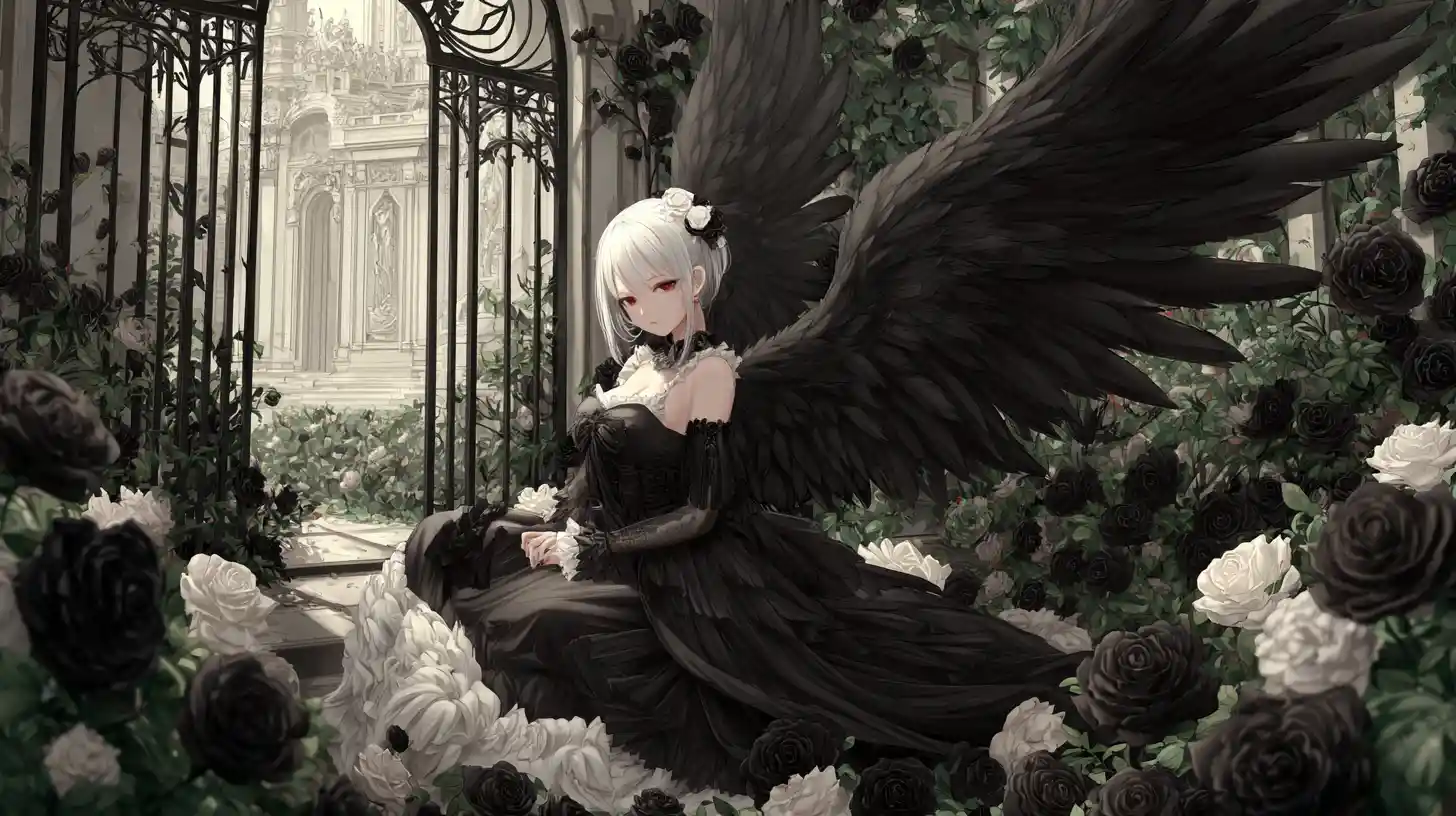 Gothic angel resting in a garden of black roses
