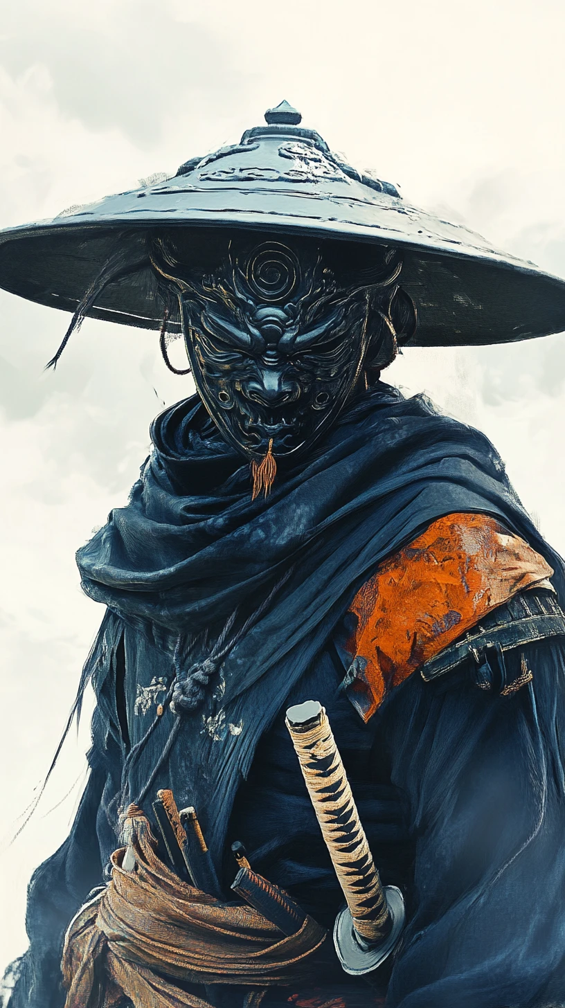 Armored warrior portrait with oni mask and wide brim hat
