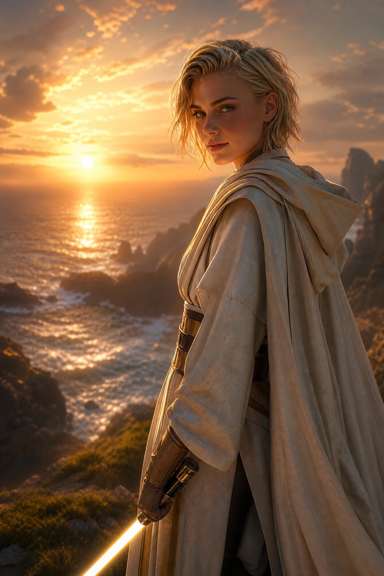 Young blonde jedi woman at sunset by the sea