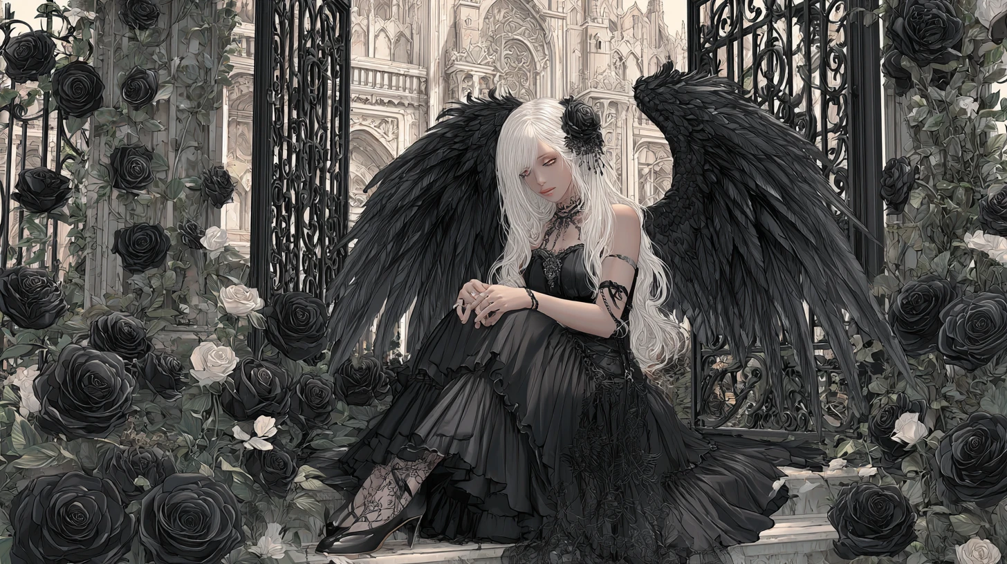 Gothic angelic woman resting in a dark rose garden