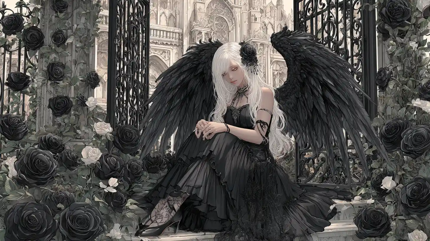 Gothic angelic woman resting in a dark rose garden