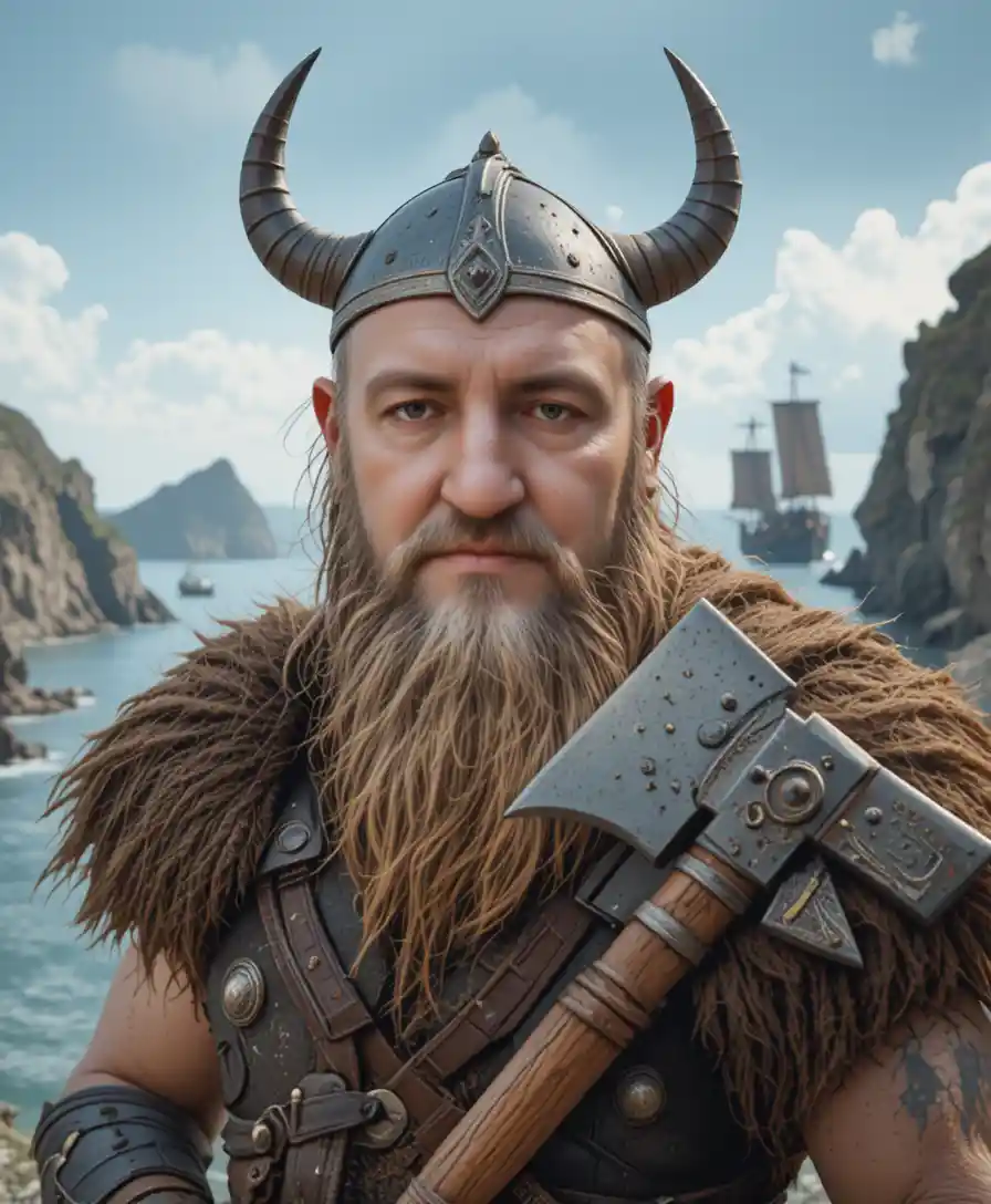 Porträt eines wilden Wikinger-Berserkers an den Meeresklippen