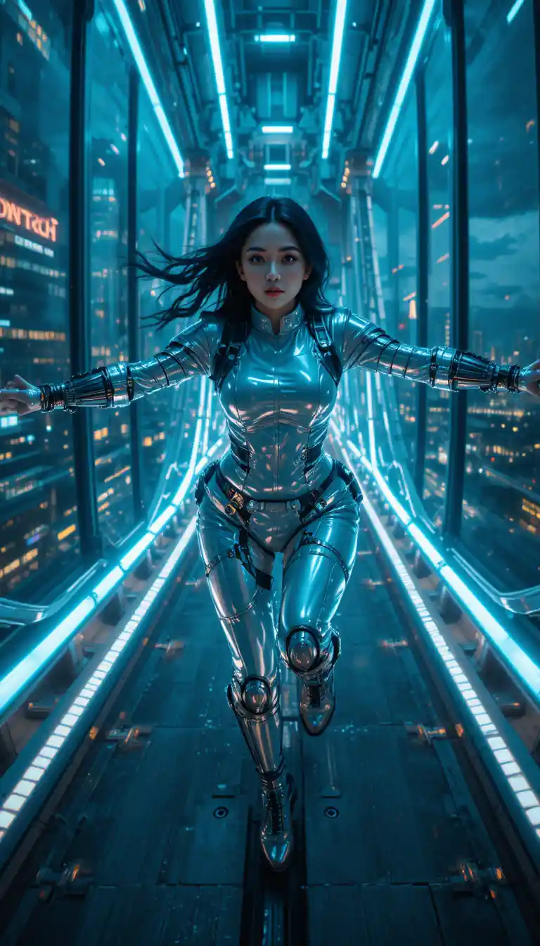 Futuristic woman leaping above a glowing London bridge